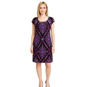 INC International Concepts Black and Purple Flutter Sleeve Graphic Dress